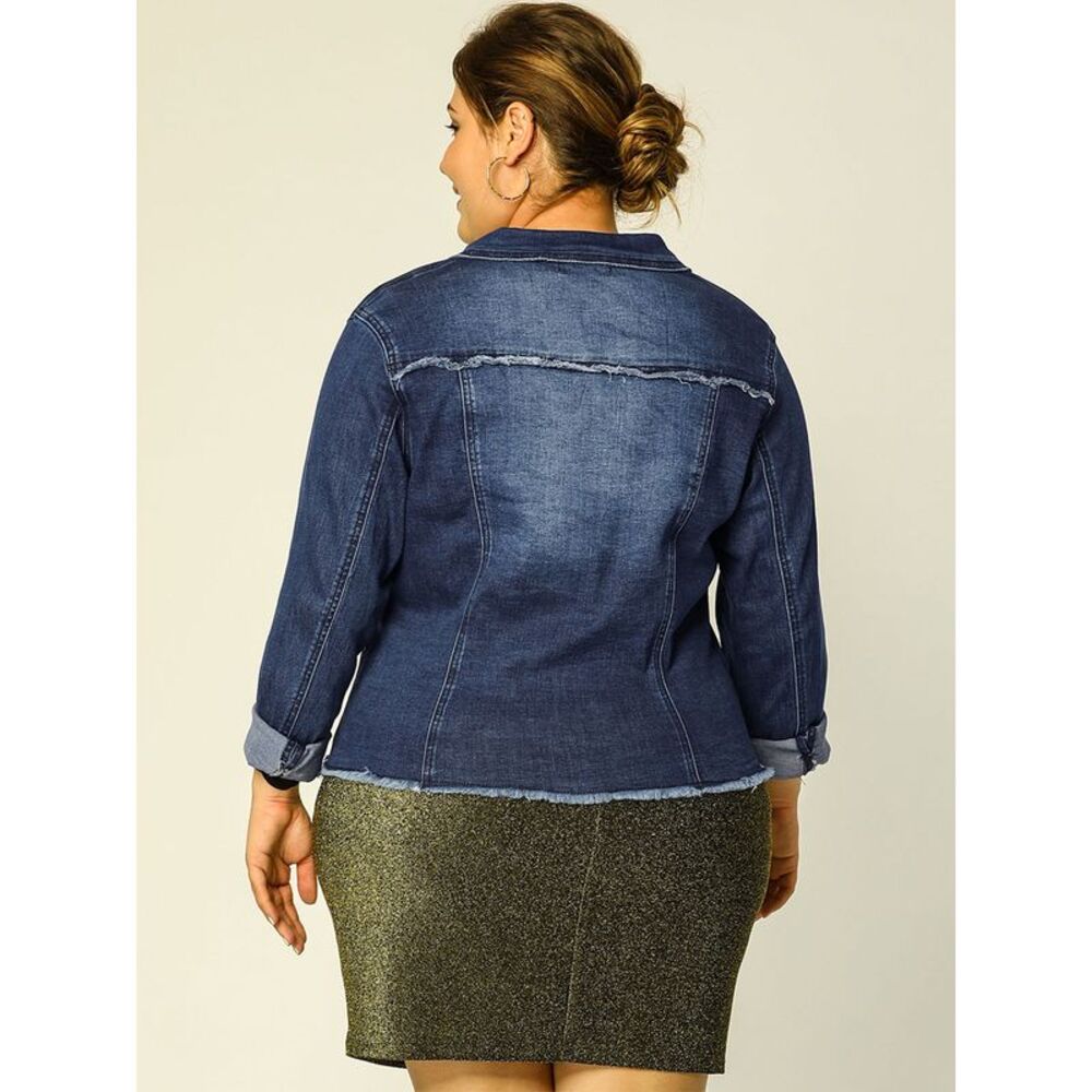 Women's Plus Size Washed Front Frayed Denim Jacket Dark Blue - Picture 5 of 6